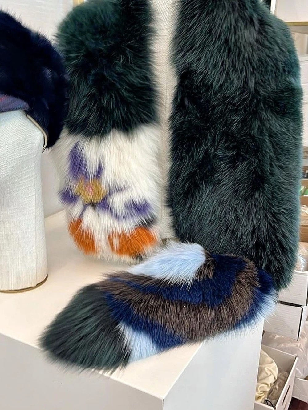Fendi Multicolor Fox Fur Stole Scarf Green & Blue